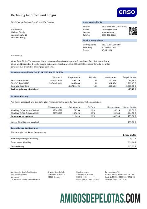 realista Modelo de fatura ENSO da Alemanha para eletricidade e gás natural em formatos Word e PDF1